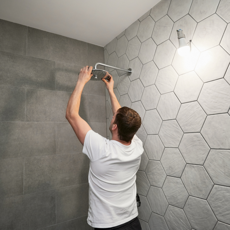 Loodgieter monteert een douche in een badkamer